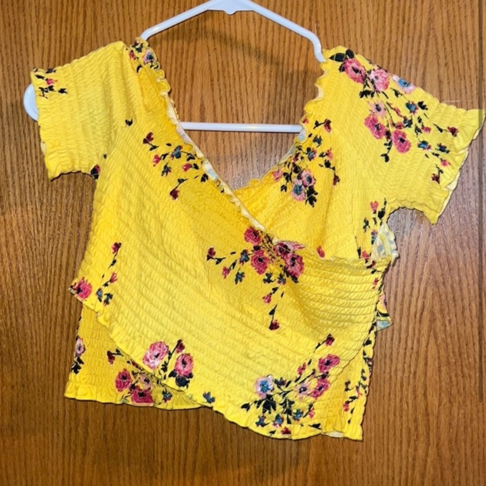 Yellow floral off the shoulder summer crop top